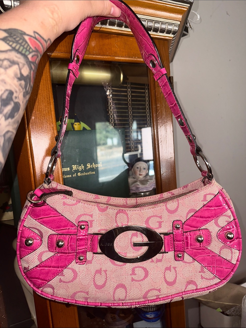 Guess Pink Patterned Mini Shoulder Bag with Hot-Pink Trim